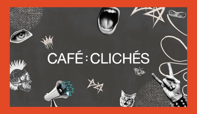 a grey banner for Cafe Cliches with different images throughout the splash]